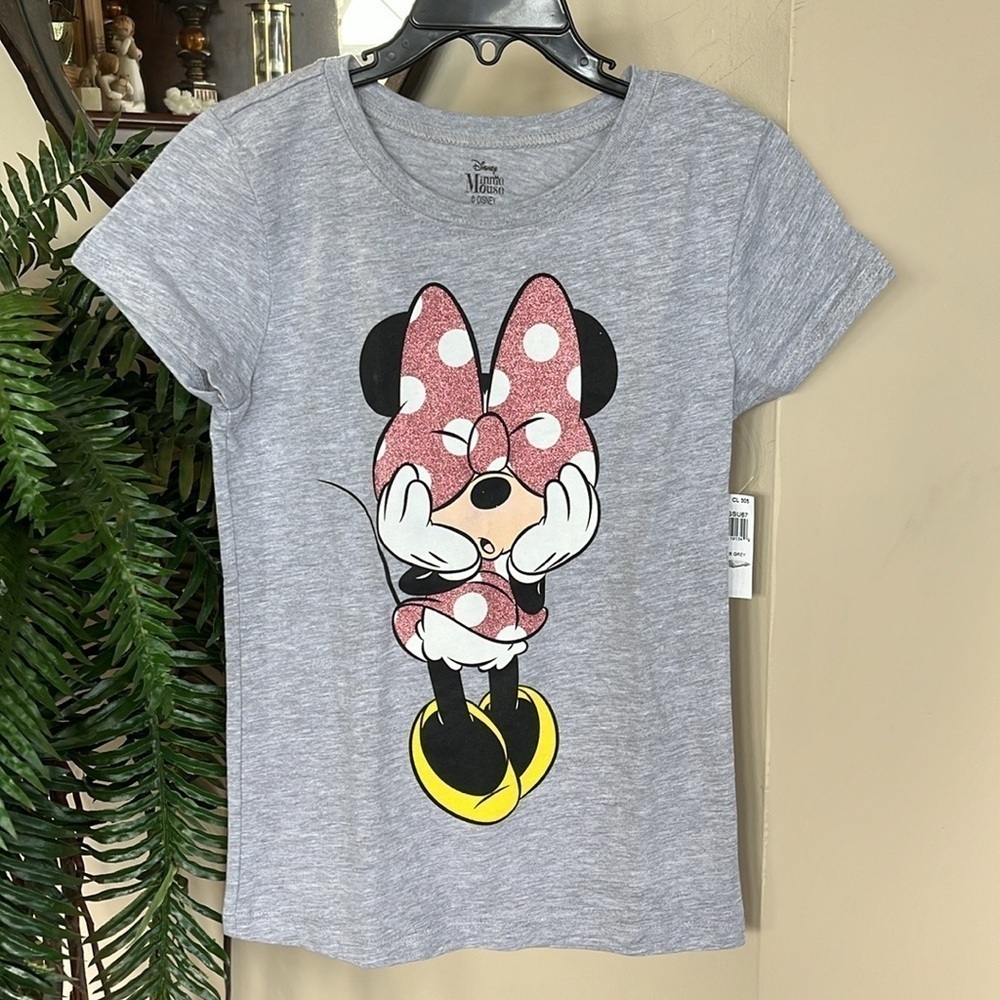 Brand New Disney Minnie Mouse Short Sleeve Top Gray Shirt Sparkly Polka Dot Bow